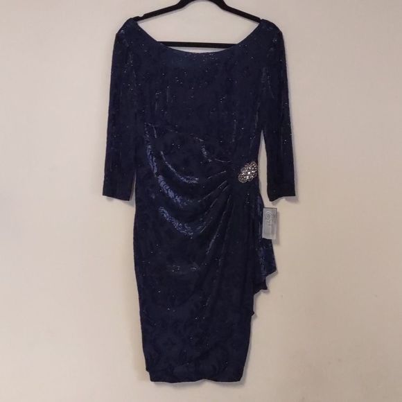 Alex Evenings Embellished Side Ruched Shift Dress Navy 8 - Picture 4 of 10